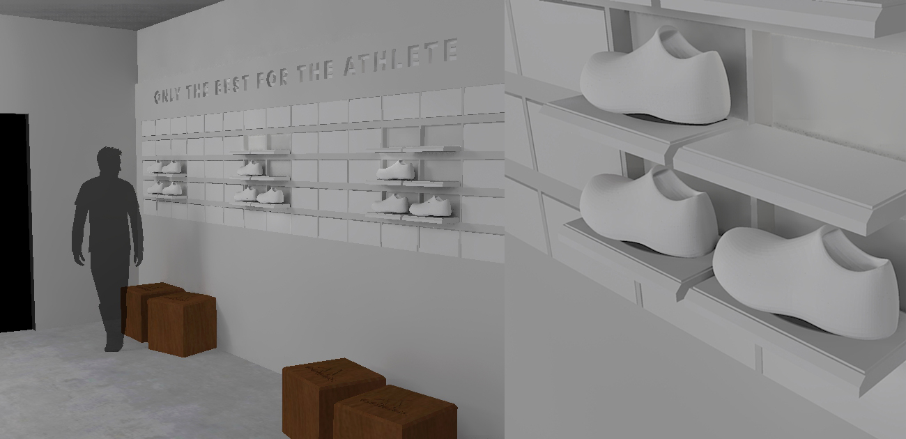 Footwear wall rendering detail, shoes on shelves